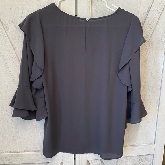 LOFT Ruffle Sleeve Peasant Top Women’s XS Charcoal Grey Semi-Sheer Feminine - Picture 8 of 9